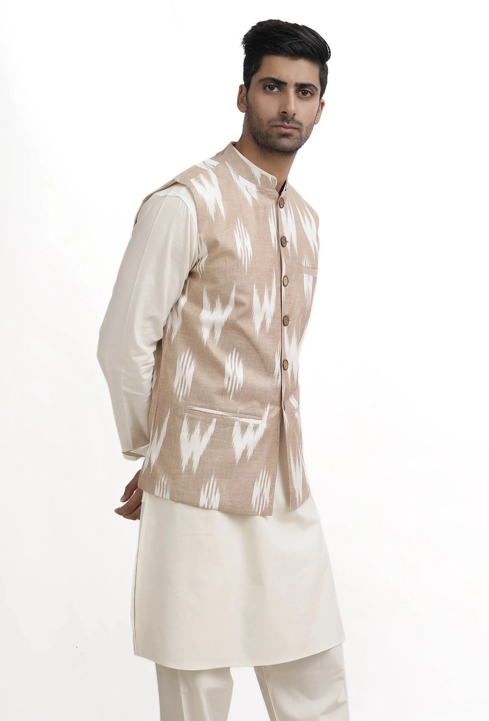 Beige Ikat Nehru Jacket