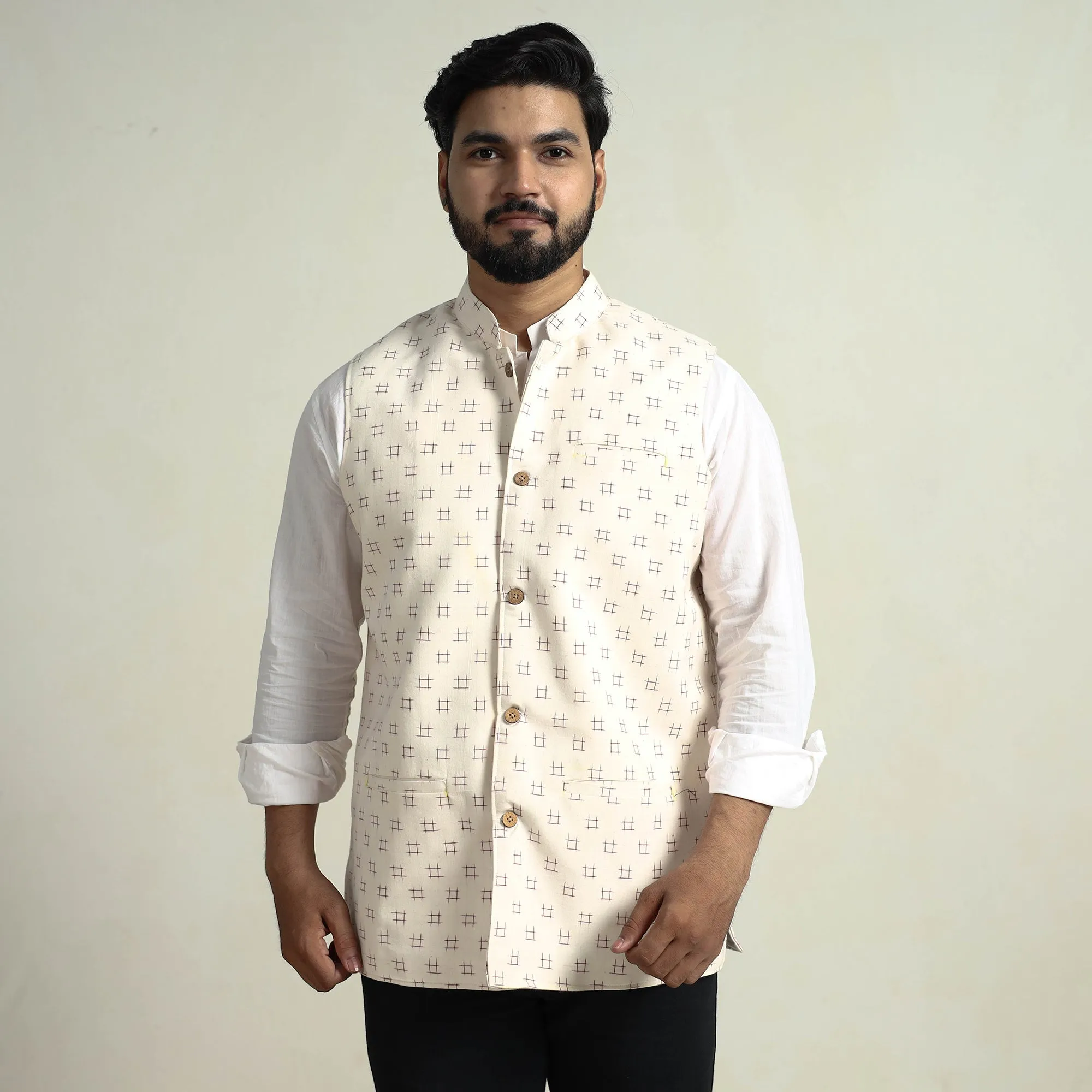 Beige - Pochampally Double Ikat Handloom Cotton Men Nehru Jacket 08