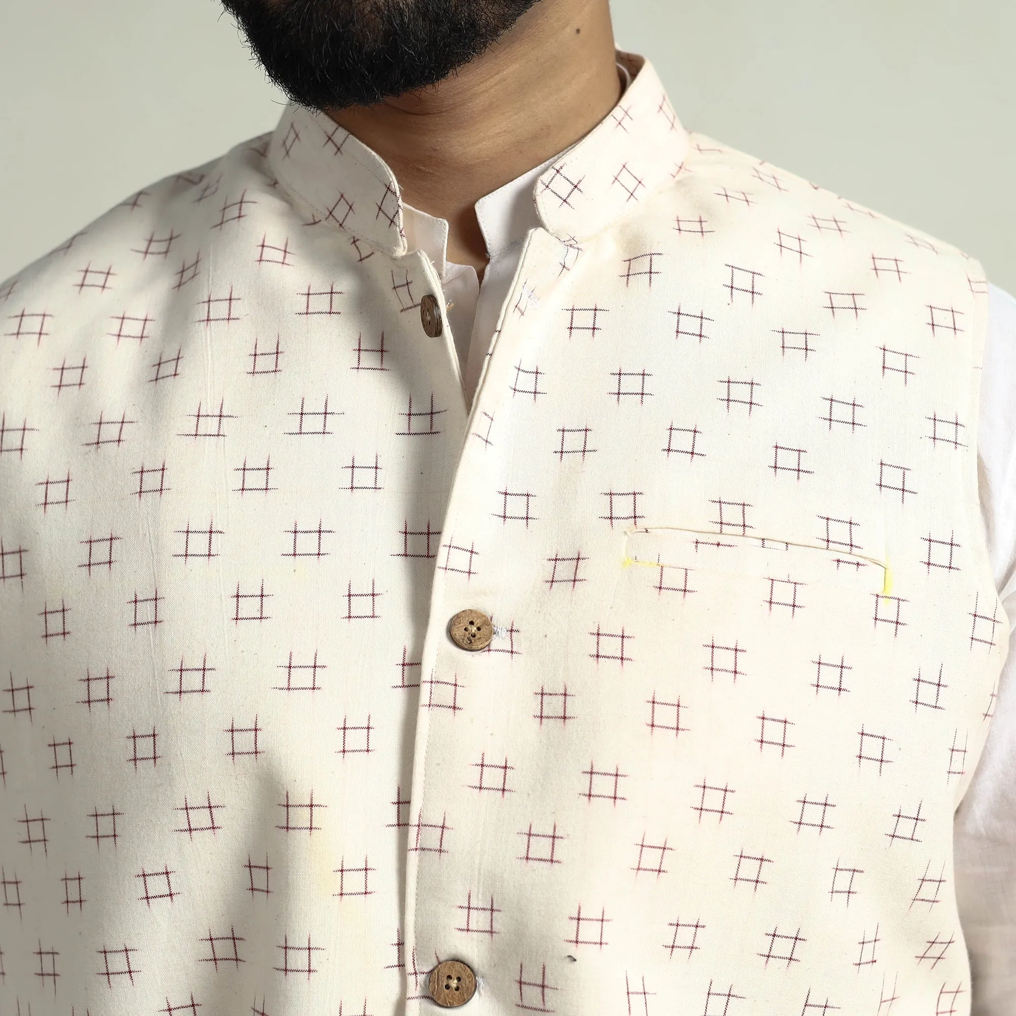 Beige - Pochampally Double Ikat Handloom Cotton Men Nehru Jacket 08