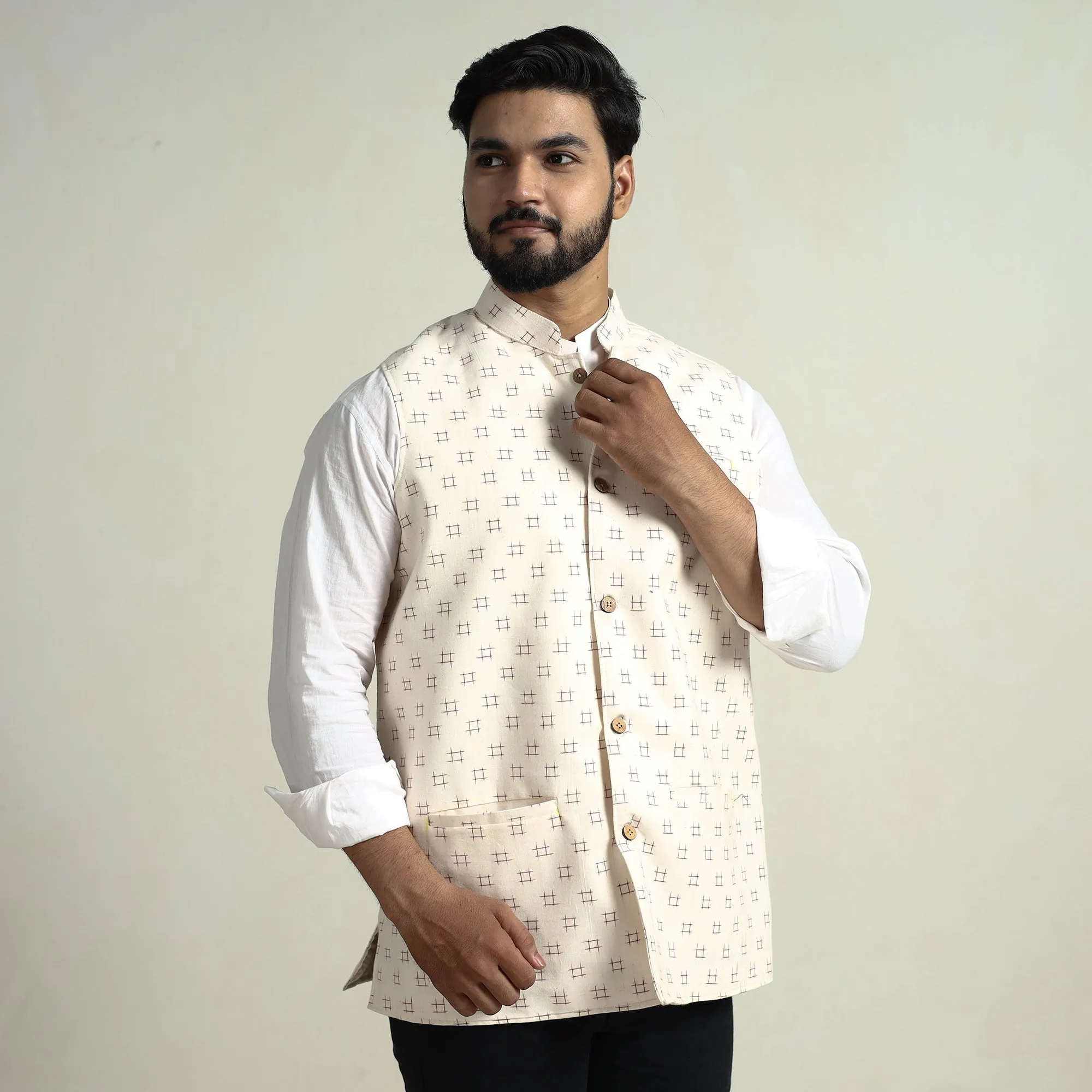 Beige - Pochampally Double Ikat Handloom Cotton Men Nehru Jacket 08