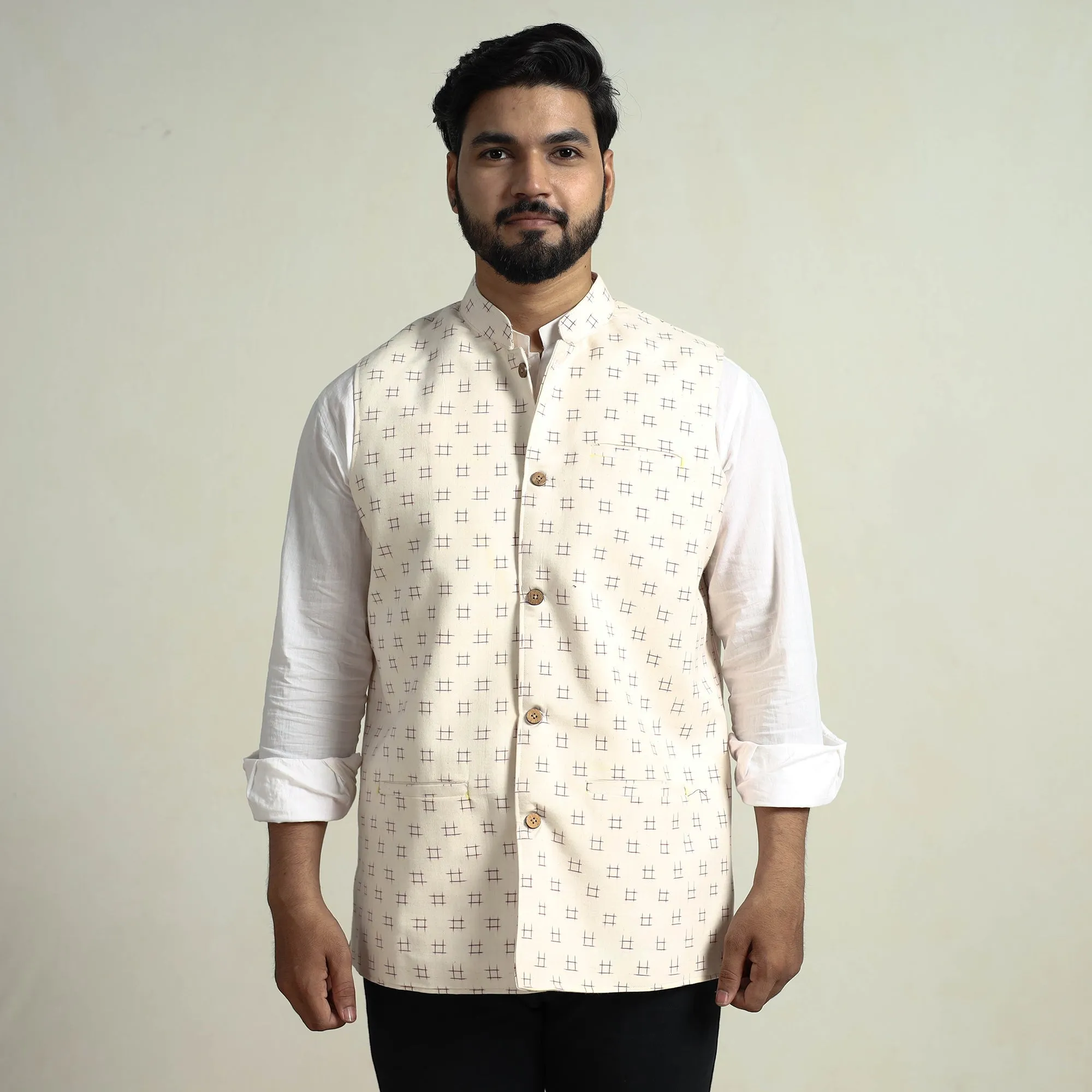 Beige - Pochampally Double Ikat Handloom Cotton Men Nehru Jacket 08