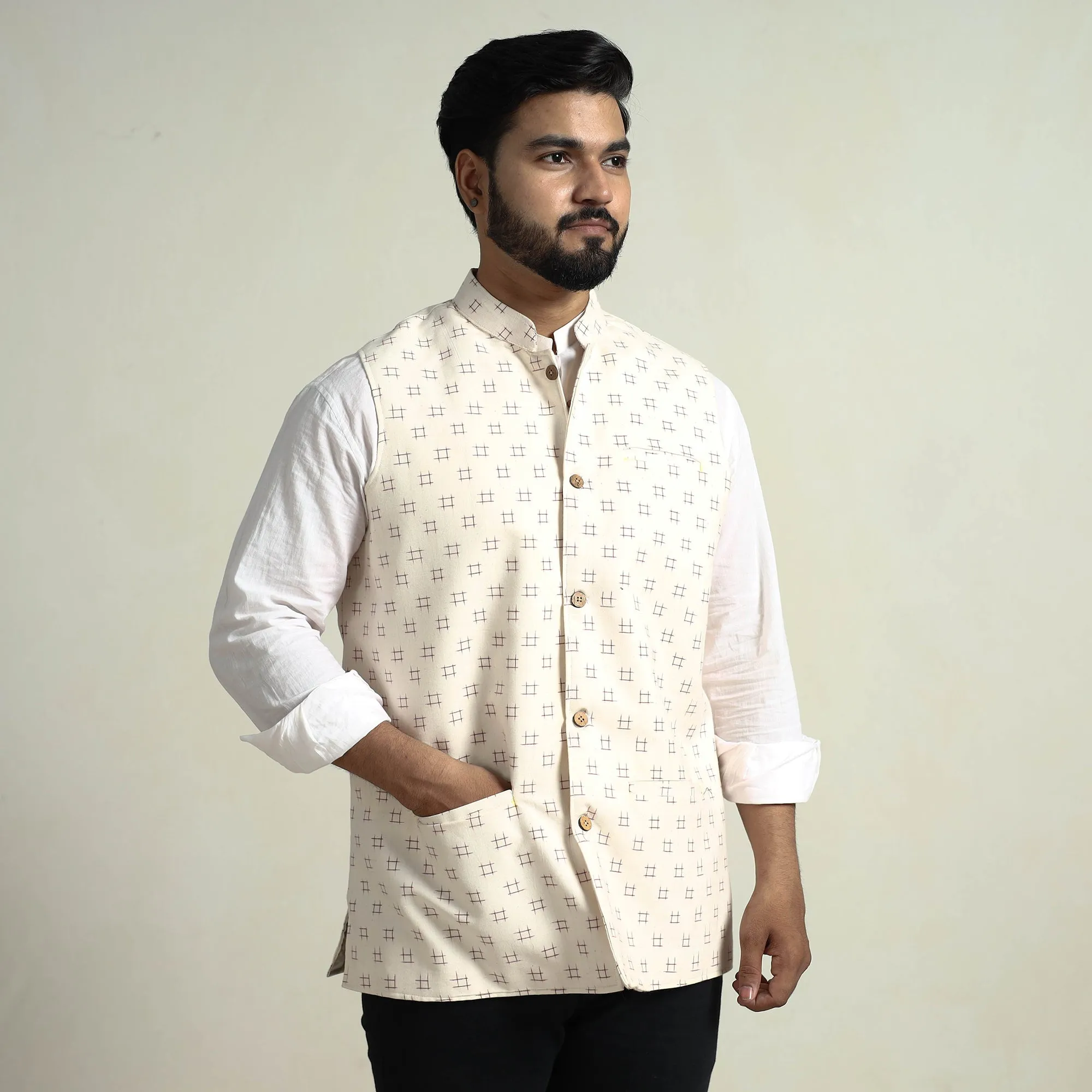 Beige - Pochampally Double Ikat Handloom Cotton Men Nehru Jacket 08