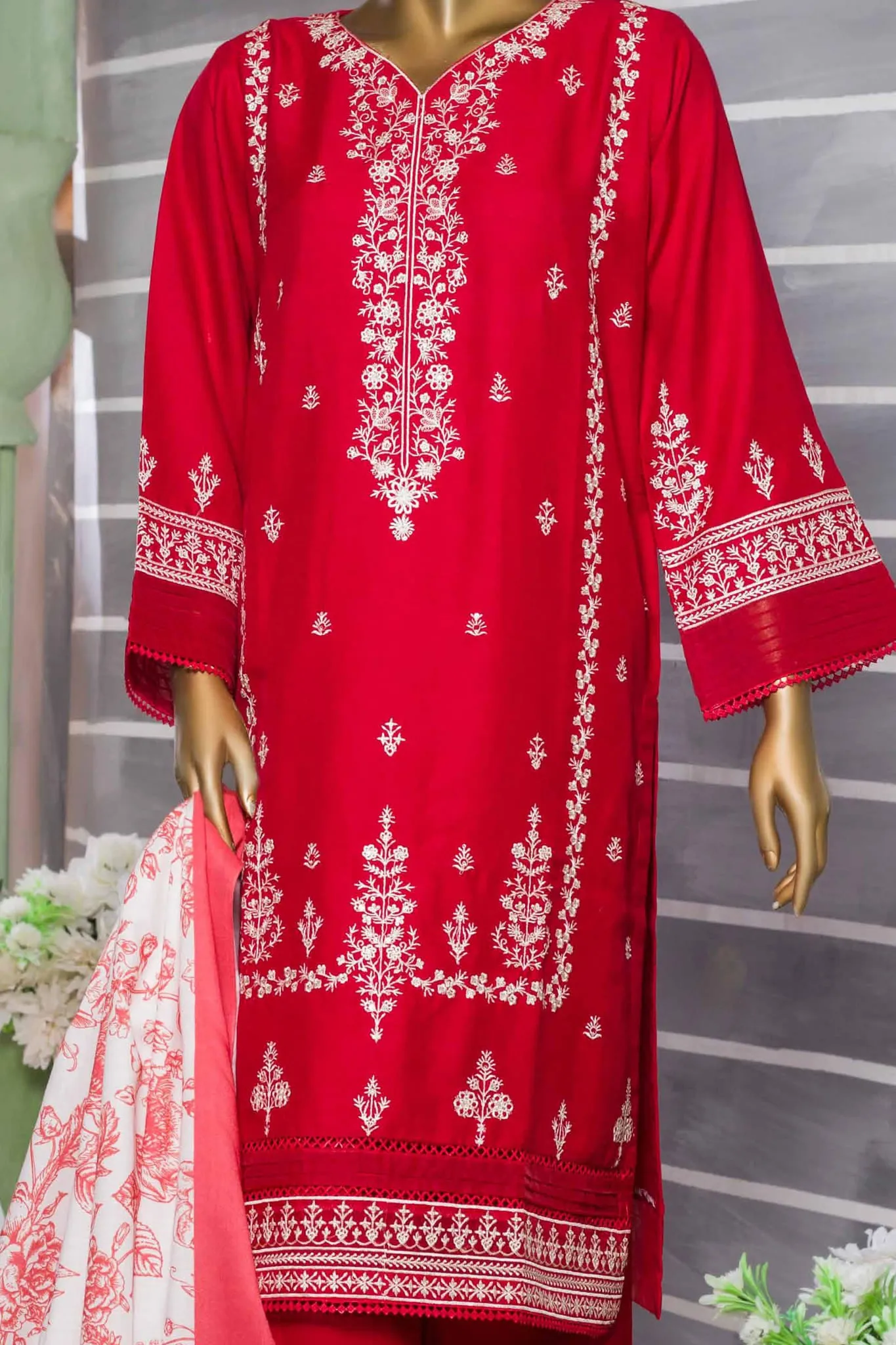 Bin Saeed Stitched 3 Piece Dhanak Winter Shawl Vol-02 Collection'2022-SM-035-Red