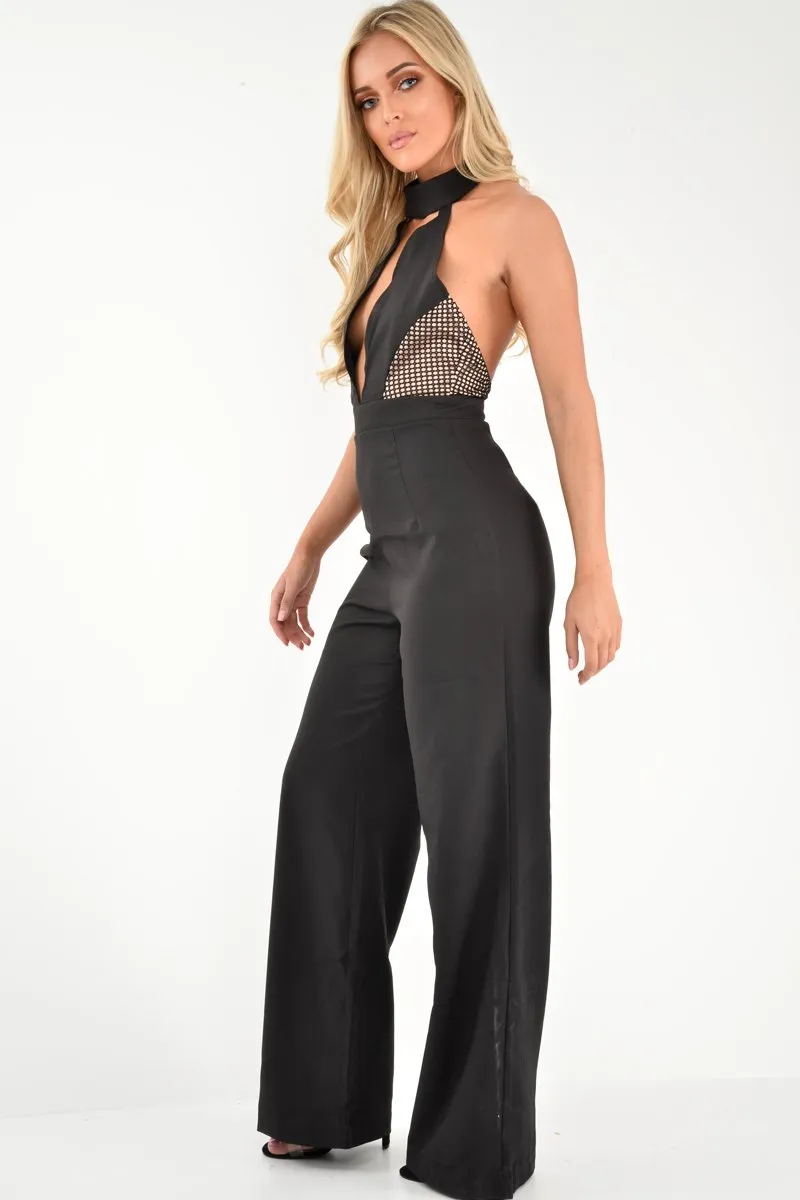 Black Halterneck Plunge Lace Insert Jumpsuit - Oksana