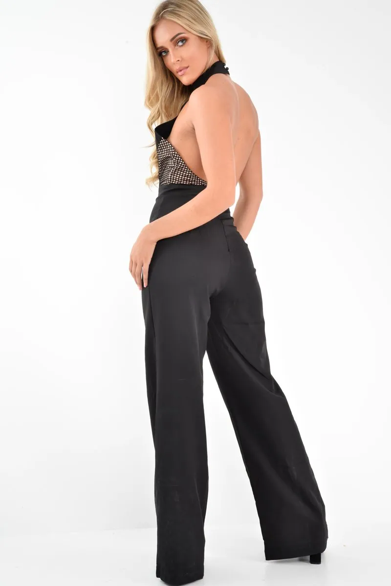 Black Halterneck Plunge Lace Insert Jumpsuit - Oksana