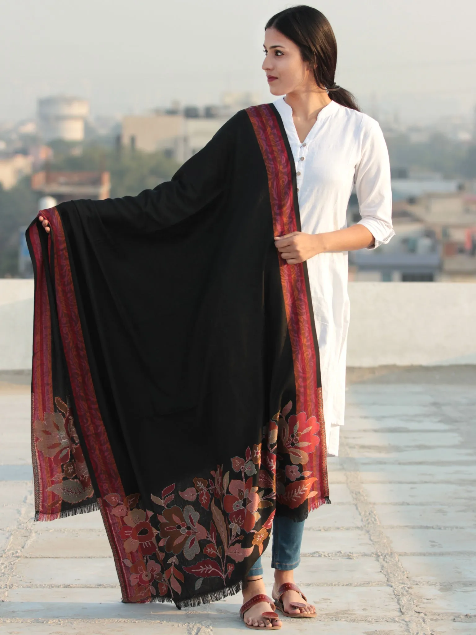 Black Needle Point Embroidered Woollen Kashmiri Shawl - S200514