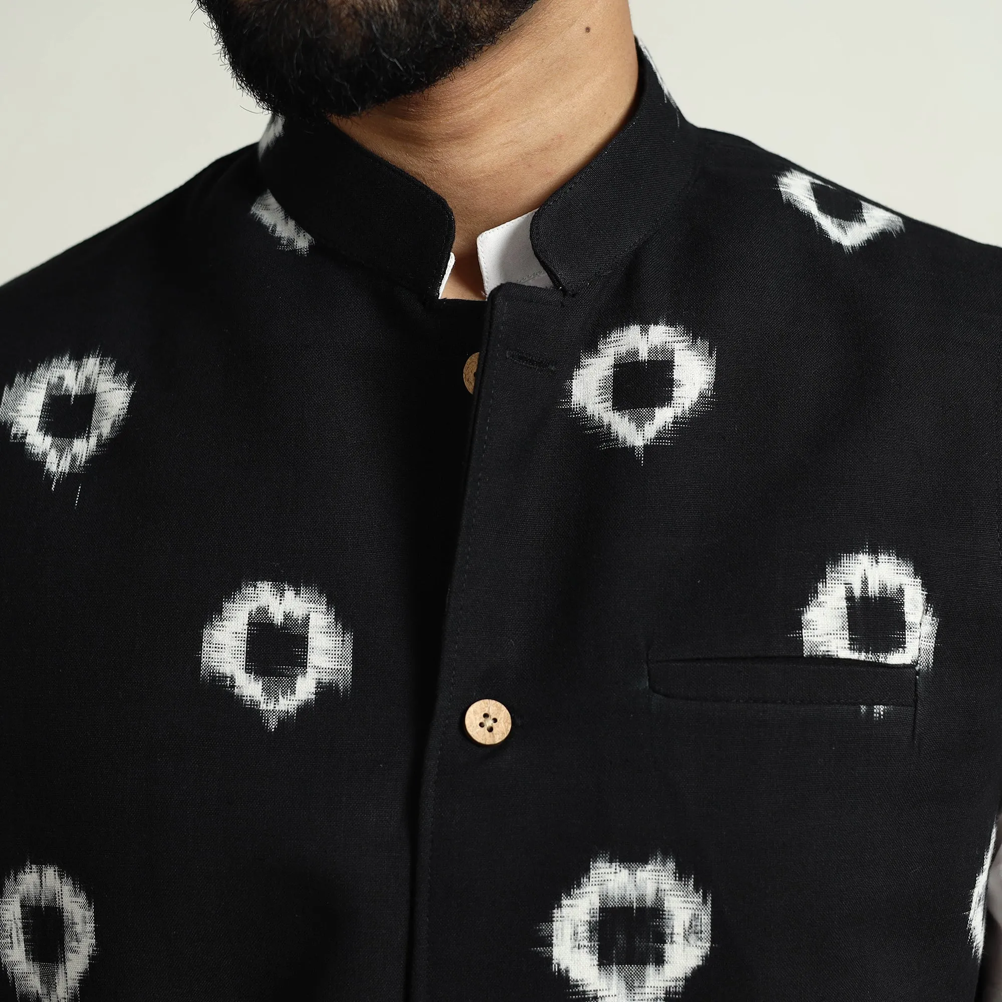 Black - Pochampally Double Ikat Handloom Cotton Men Nehru Jacket 07