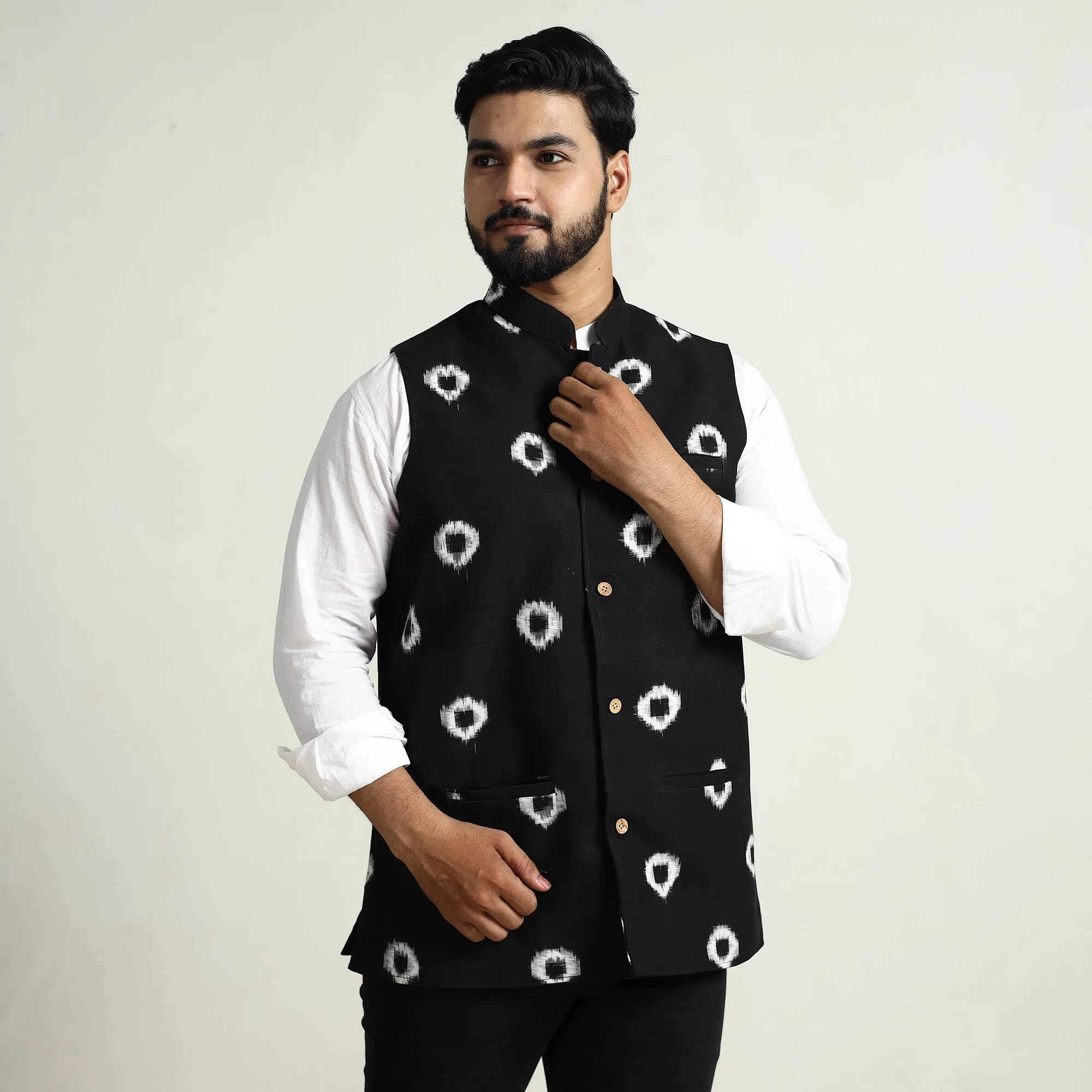 Black - Pochampally Double Ikat Handloom Cotton Men Nehru Jacket 07