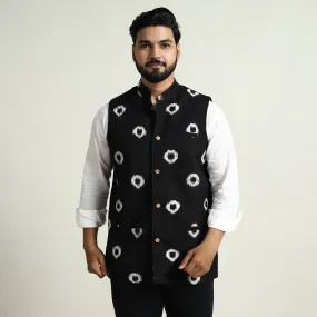 Black - Pochampally Double Ikat Handloom Cotton Men Nehru Jacket 07