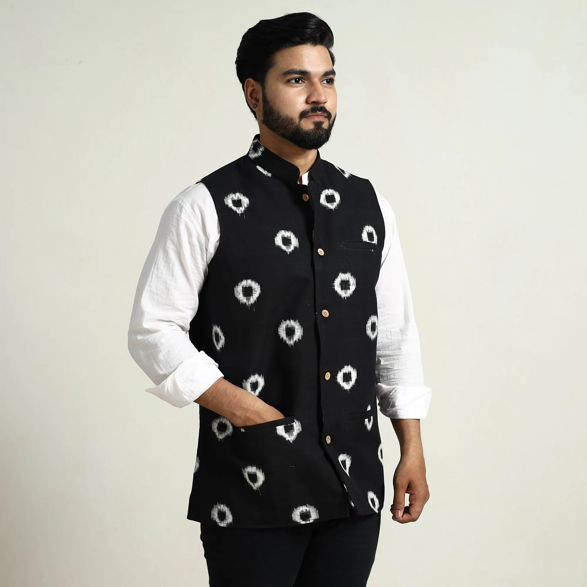 Black - Pochampally Double Ikat Handloom Cotton Men Nehru Jacket 07