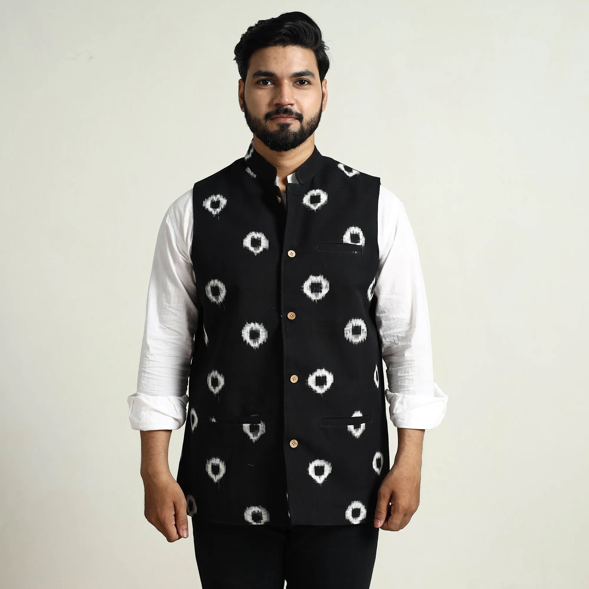 Black - Pochampally Double Ikat Handloom Cotton Men Nehru Jacket 07