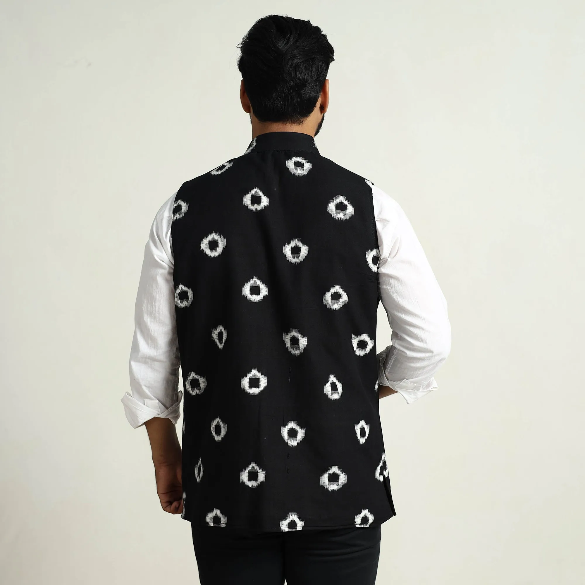 Black - Pochampally Double Ikat Handloom Cotton Men Nehru Jacket 07