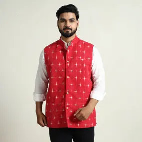 Black - Pochampally Double Ikat Handloom Cotton Men Nehru Jacket 09