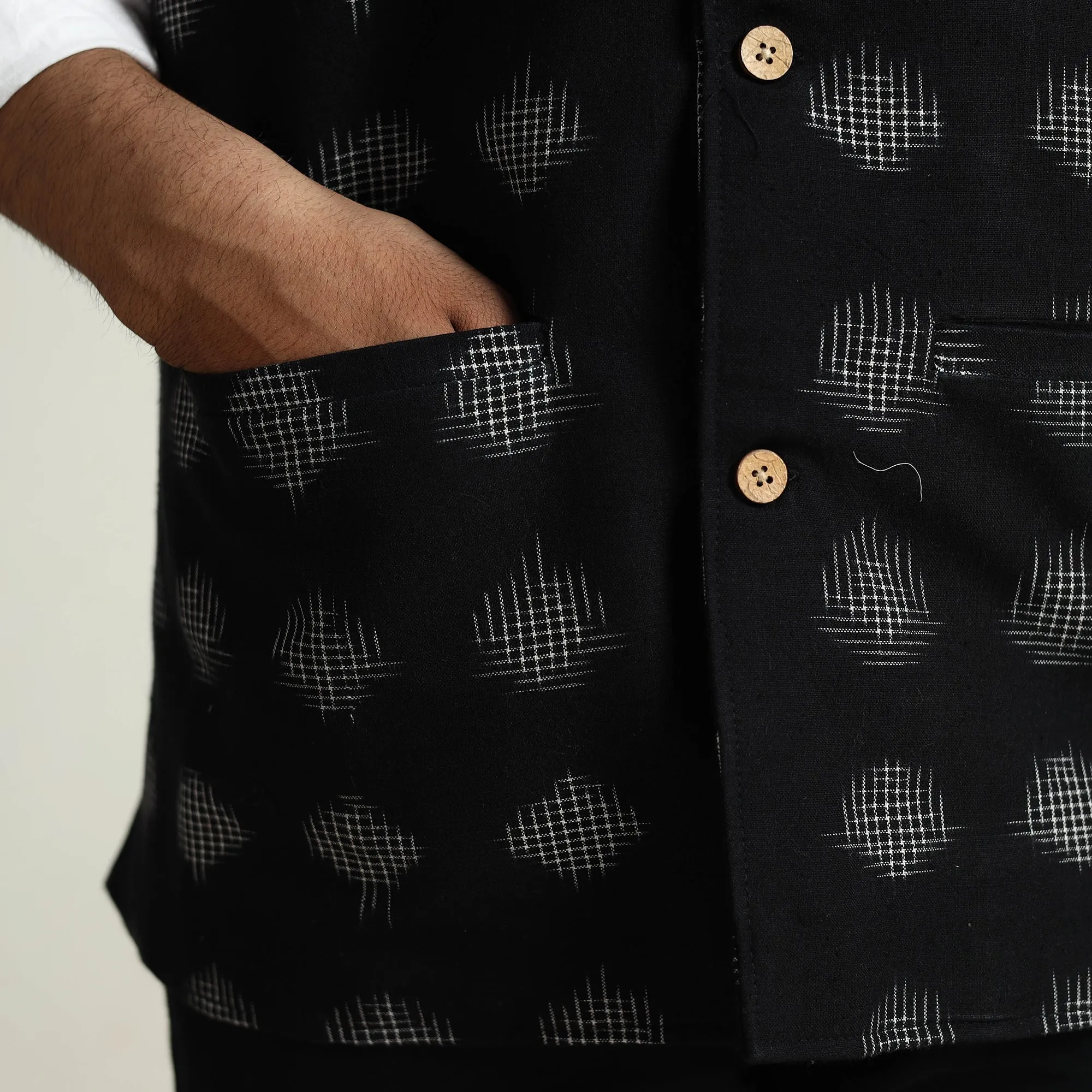 Black - Pochampally Double Ikat Handloom Cotton Men Nehru Jacket 11