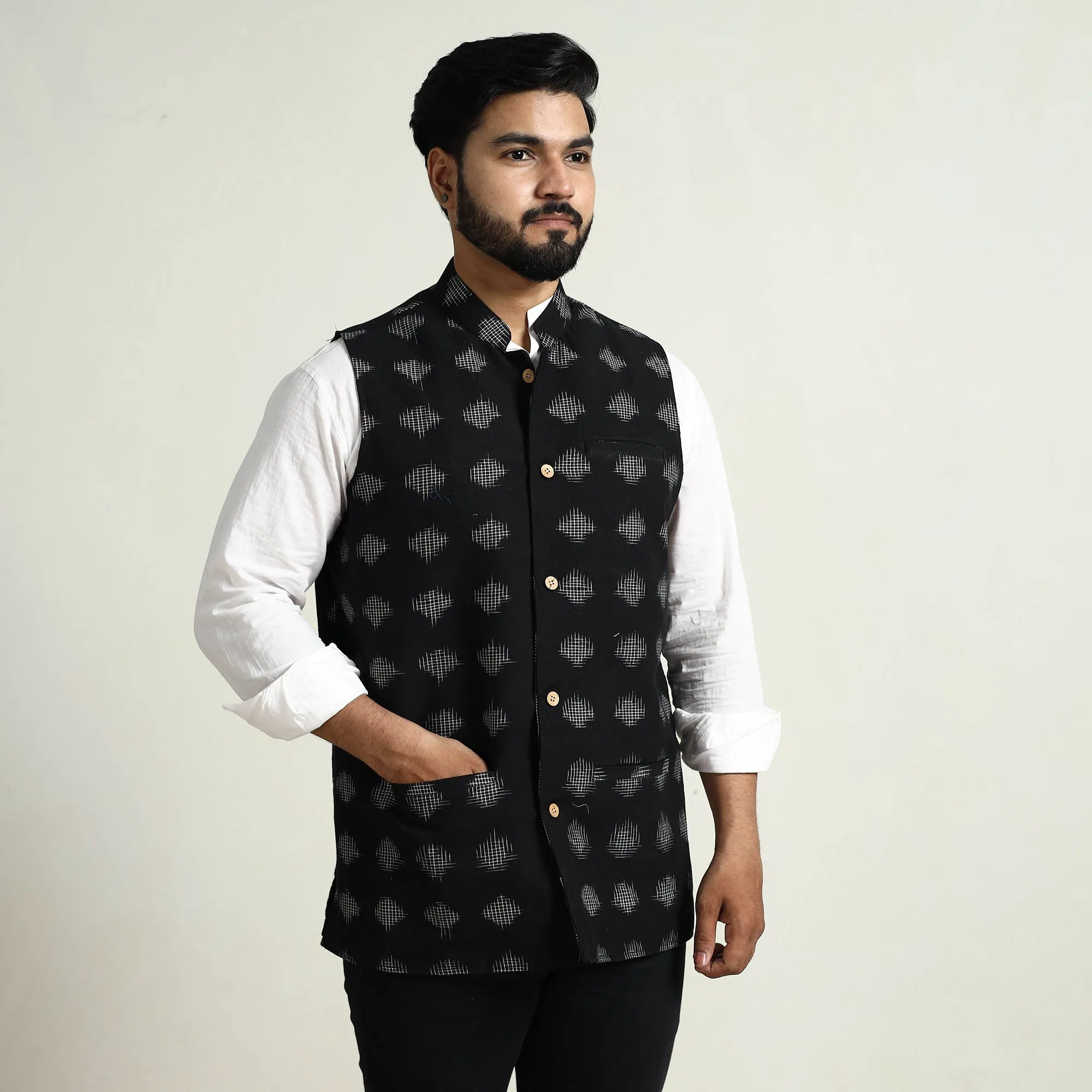 Black - Pochampally Double Ikat Handloom Cotton Men Nehru Jacket 11