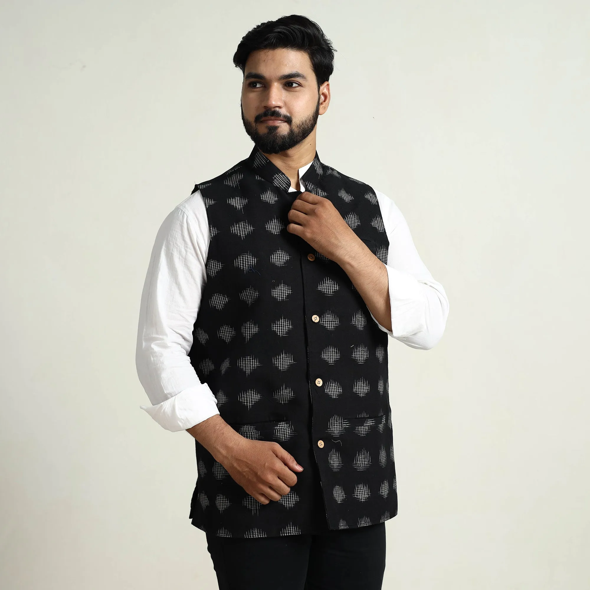 Black - Pochampally Double Ikat Handloom Cotton Men Nehru Jacket 11