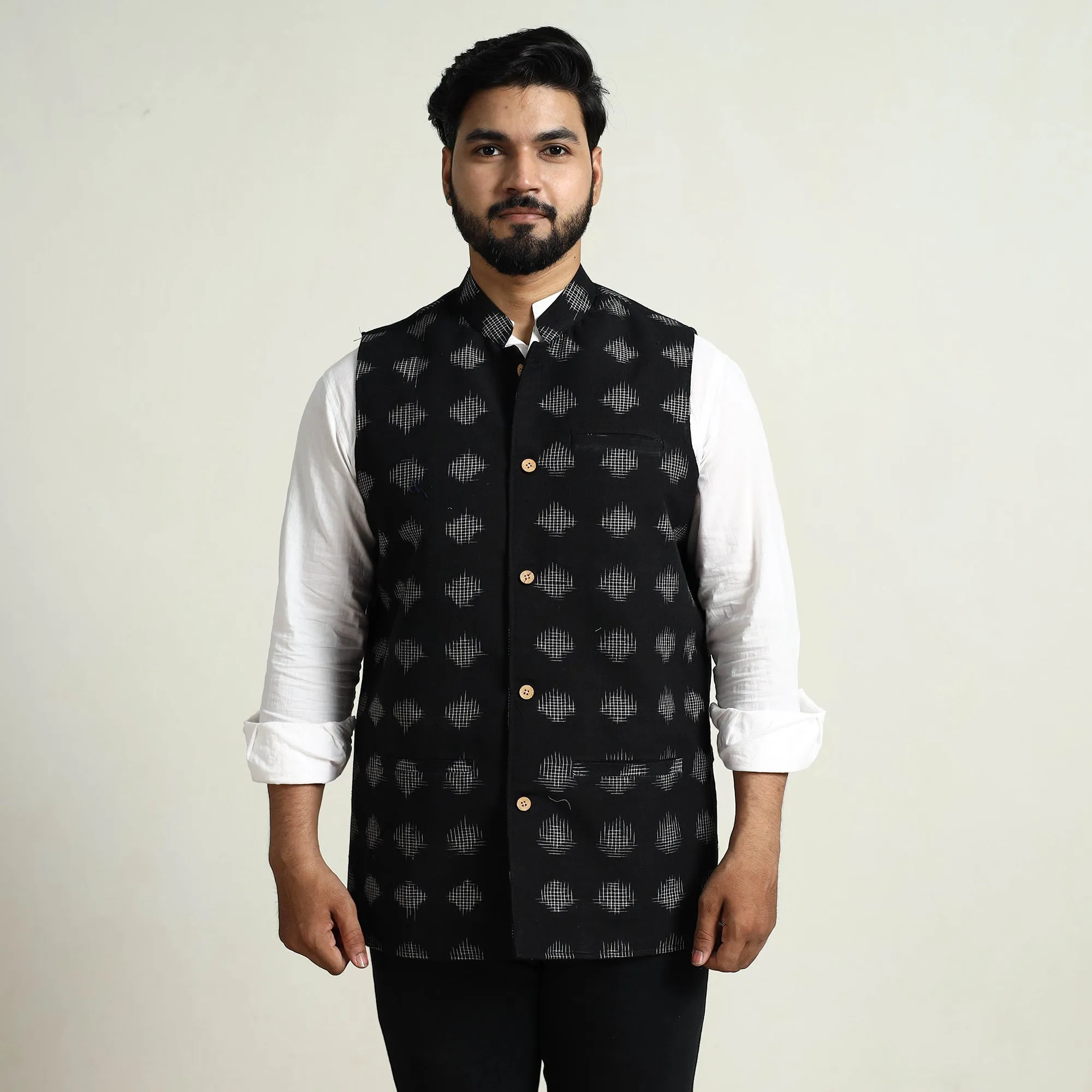 Black - Pochampally Double Ikat Handloom Cotton Men Nehru Jacket 11