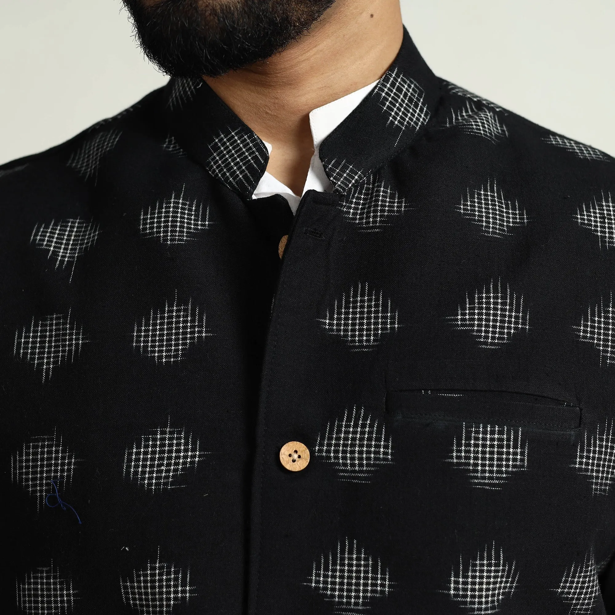 Black - Pochampally Double Ikat Handloom Cotton Men Nehru Jacket 11