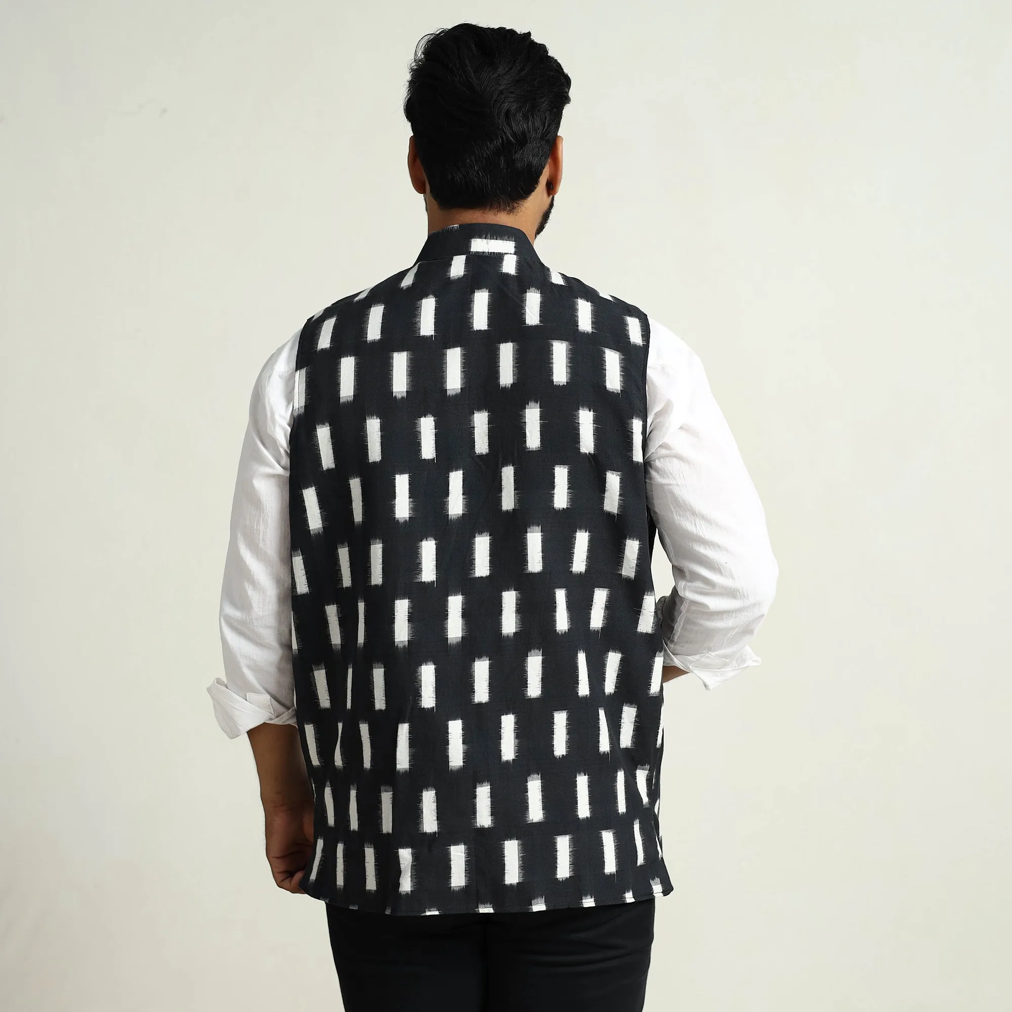 Black - Pochampally Double Ikat Handloom Cotton Men Nehru Jacket 13