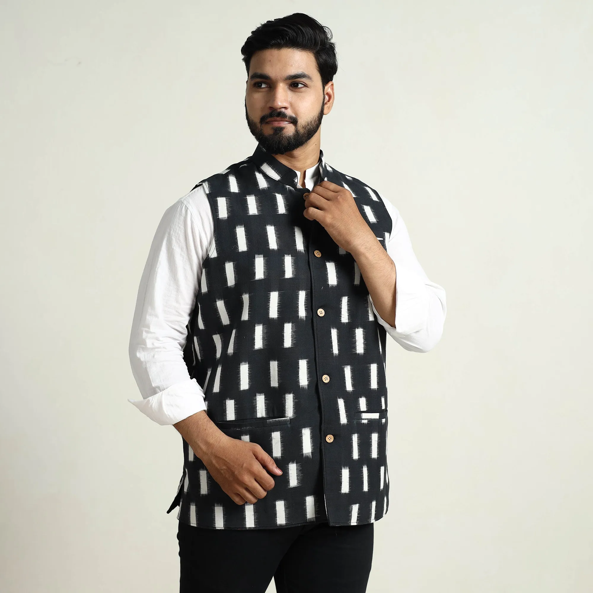 Black - Pochampally Double Ikat Handloom Cotton Men Nehru Jacket 13