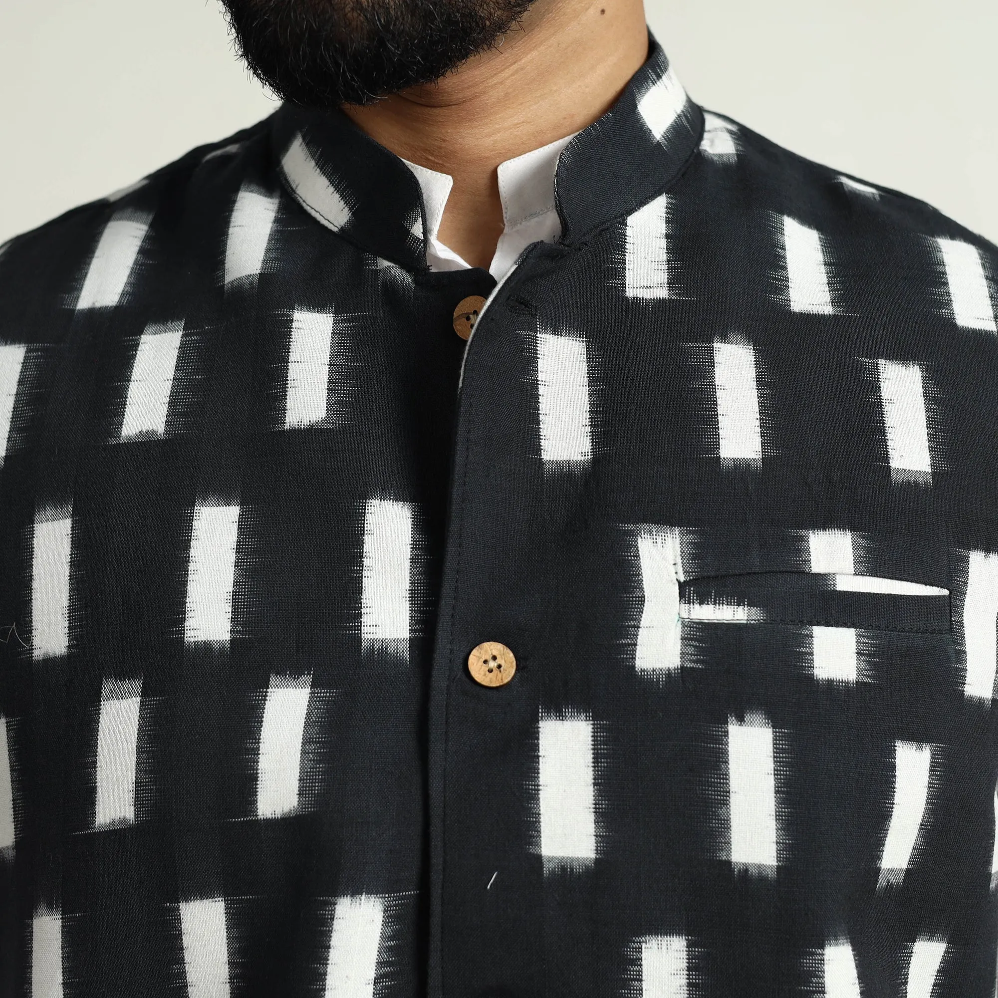 Black - Pochampally Double Ikat Handloom Cotton Men Nehru Jacket 13