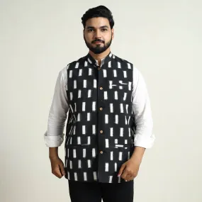 Black - Pochampally Double Ikat Handloom Cotton Men Nehru Jacket 13