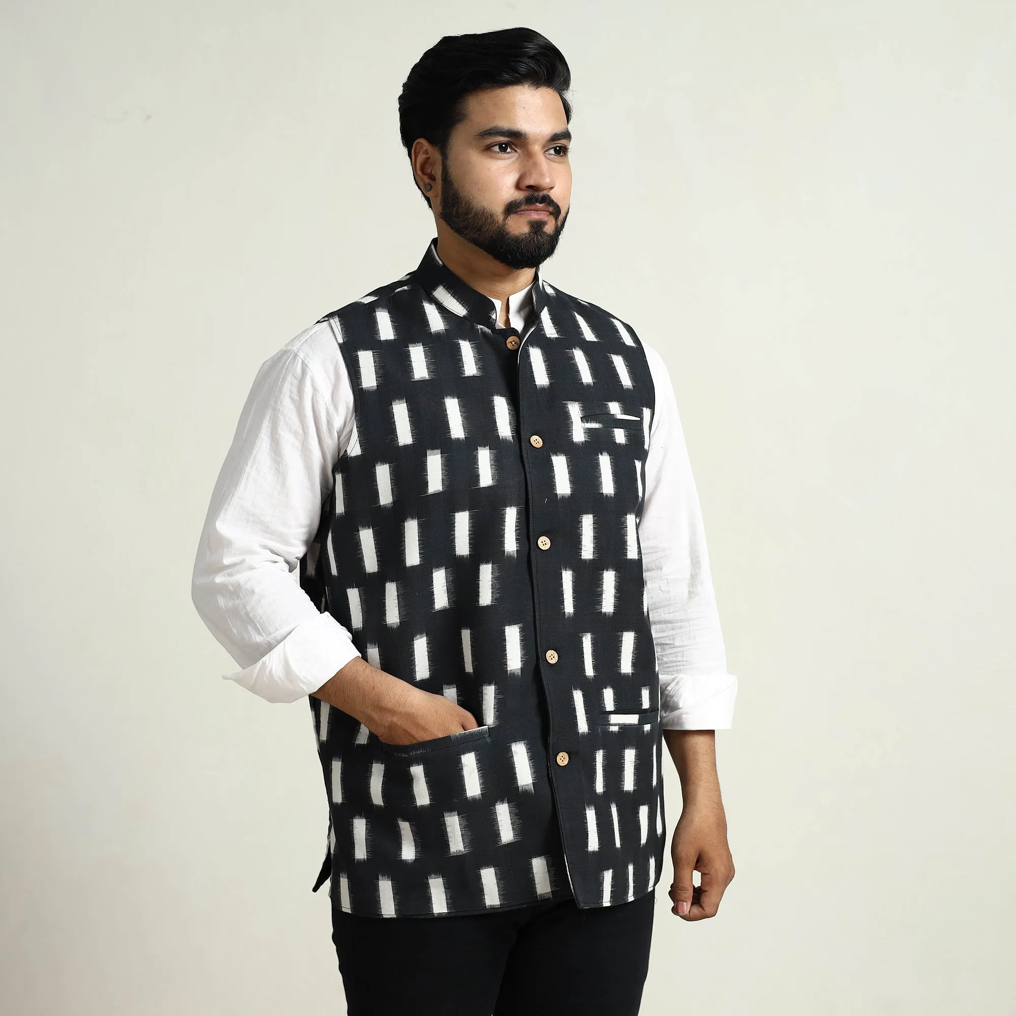 Black - Pochampally Double Ikat Handloom Cotton Men Nehru Jacket 13