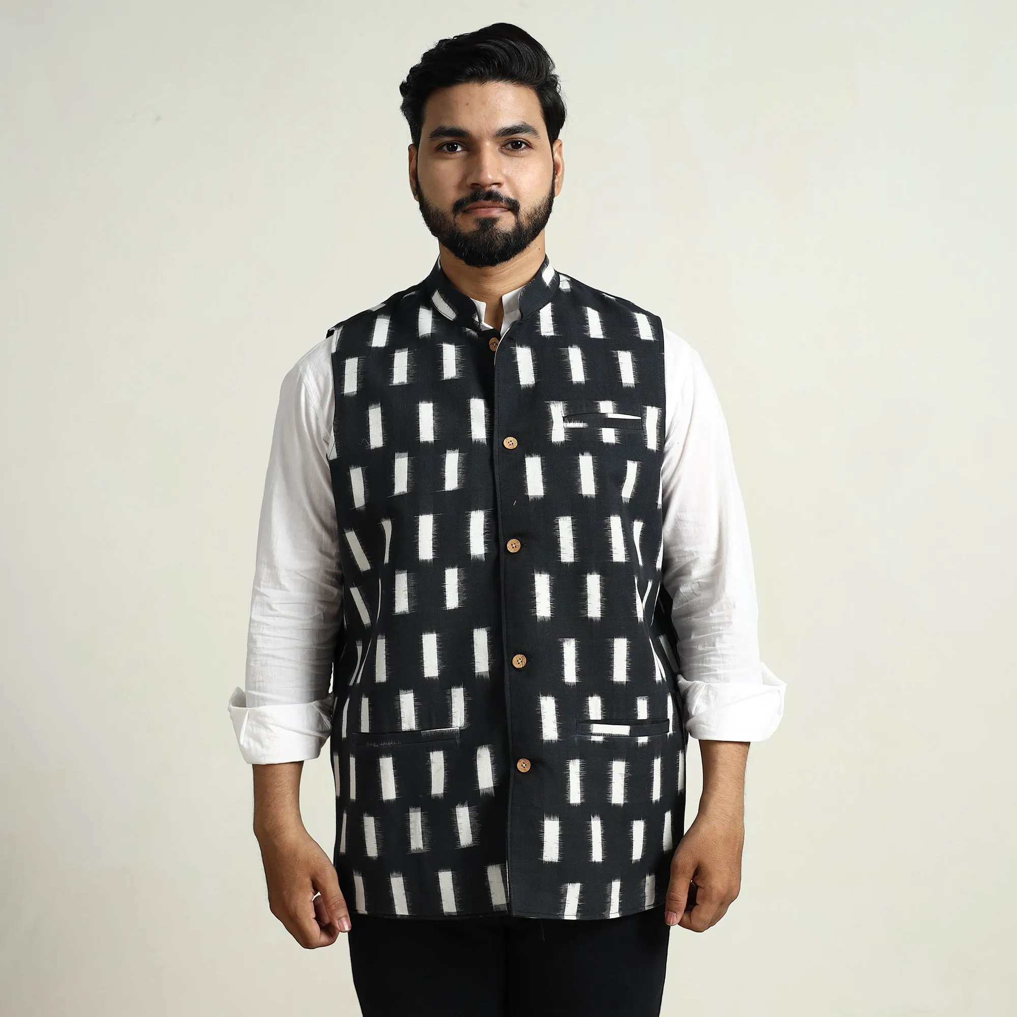 Black - Pochampally Double Ikat Handloom Cotton Men Nehru Jacket 13