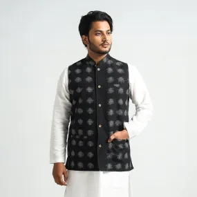 Black - Pochampally Double Ikat Handloom Cotton Men Nehru Jacket