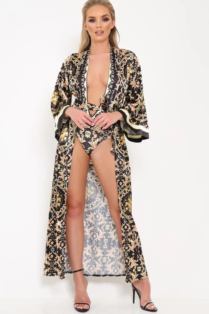 Black Scarf Print Kimono And Bodysuit Co-Ord -Heavenlee