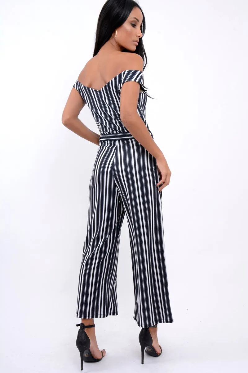 Black Stripe Bardot V Dip Jumpsuit - Lisah