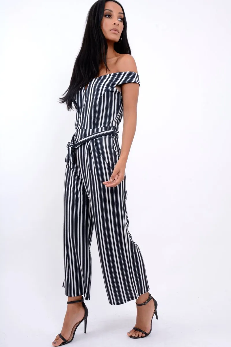 Black Stripe Bardot V Dip Jumpsuit - Lisah