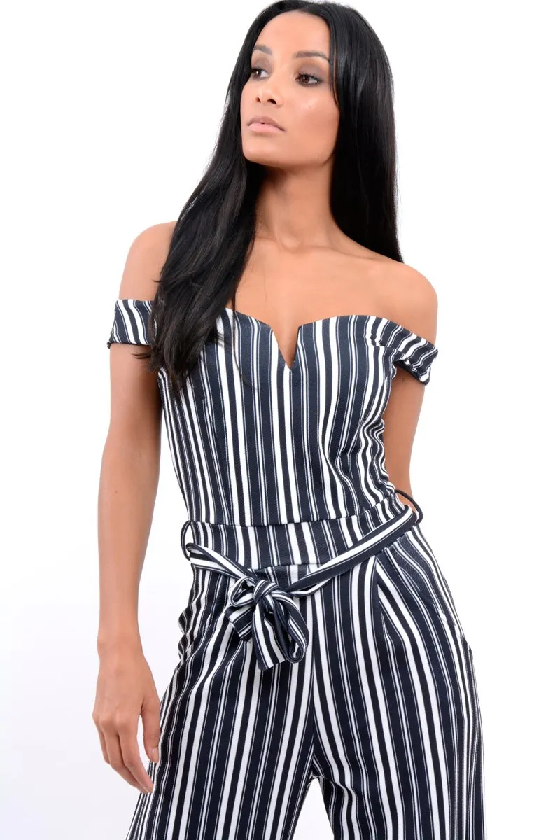 Black Stripe Bardot V Dip Jumpsuit - Lisah