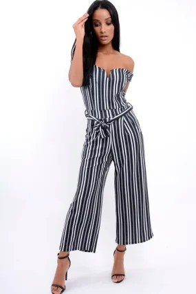 Black Stripe Bardot V Dip Jumpsuit - Lisah