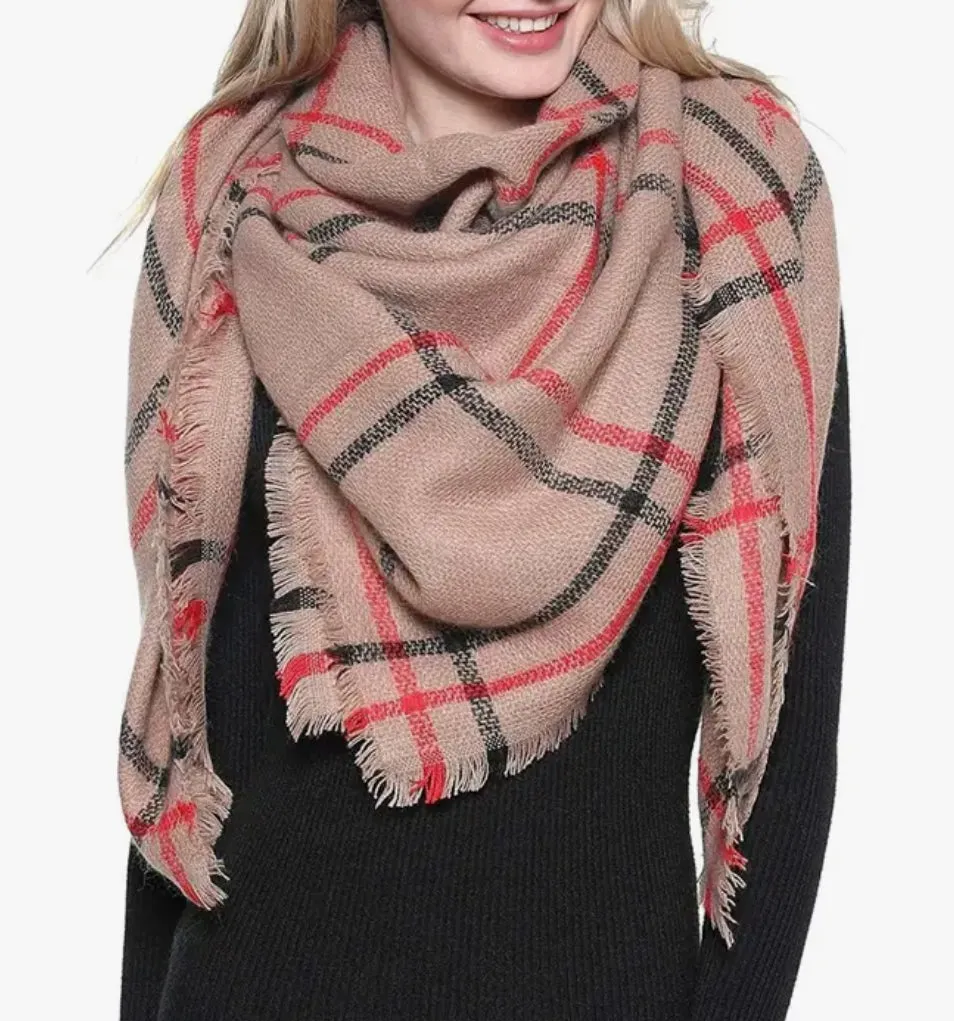 Blanket Scarf-Khaki/Red/Black