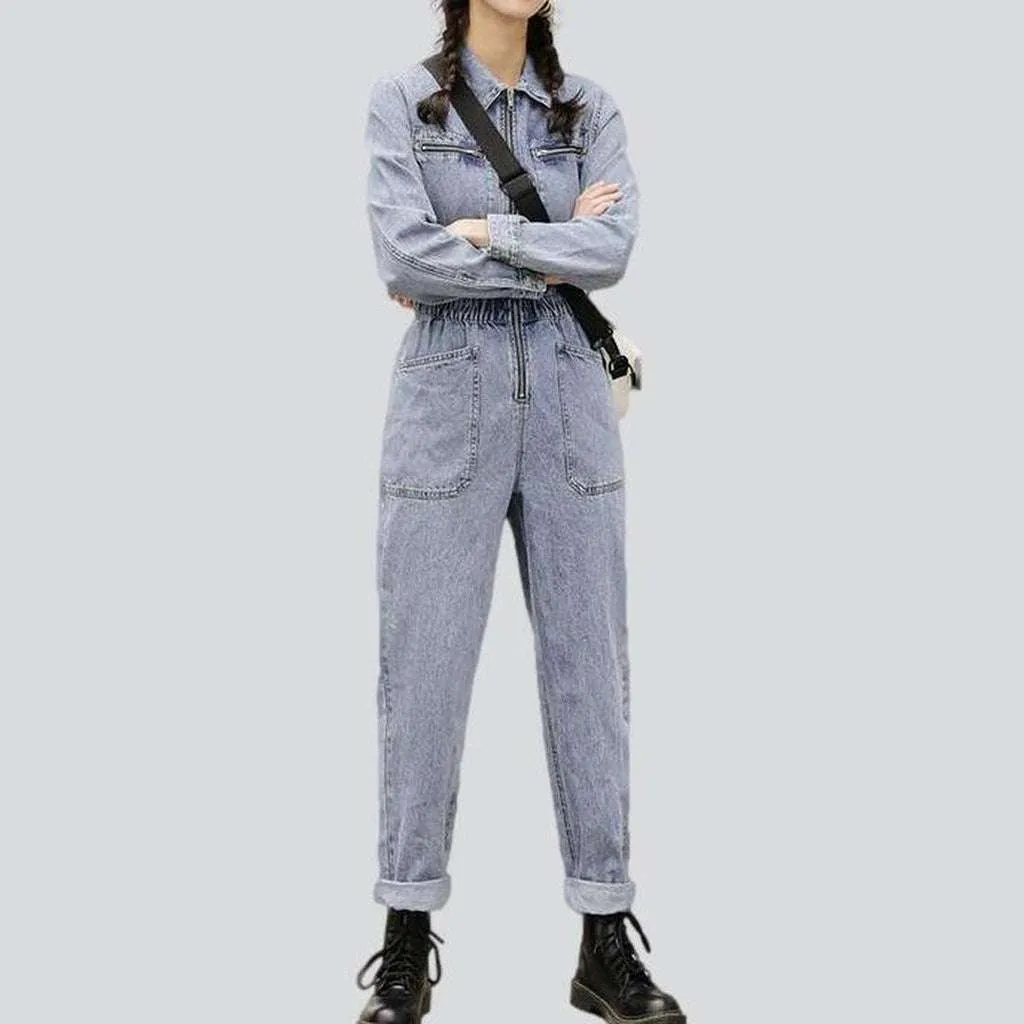 Bleached denim overall with zipper