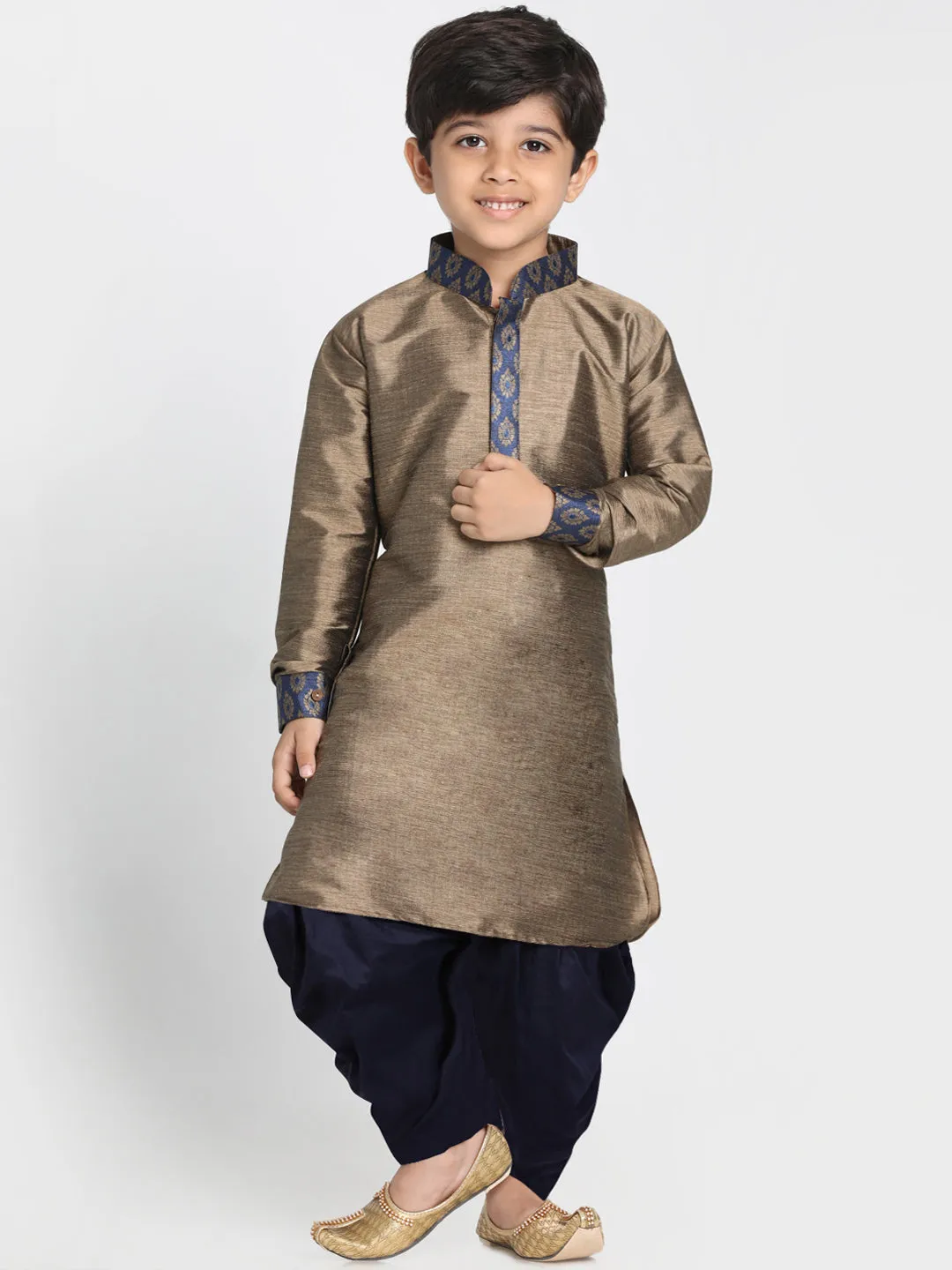 Boy's Navy Blue And Gold Silk Blend Jacket, Kurta And Dhoti Set - JBN Creation