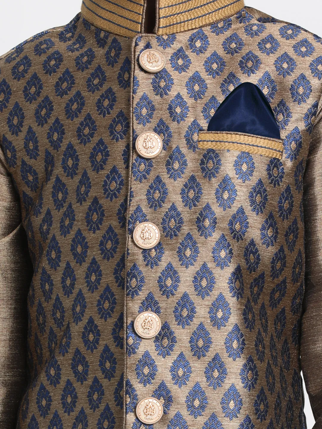 Boy's Navy Blue And Gold Silk Blend Jacket, Kurta And Dhoti Set - JBN Creation