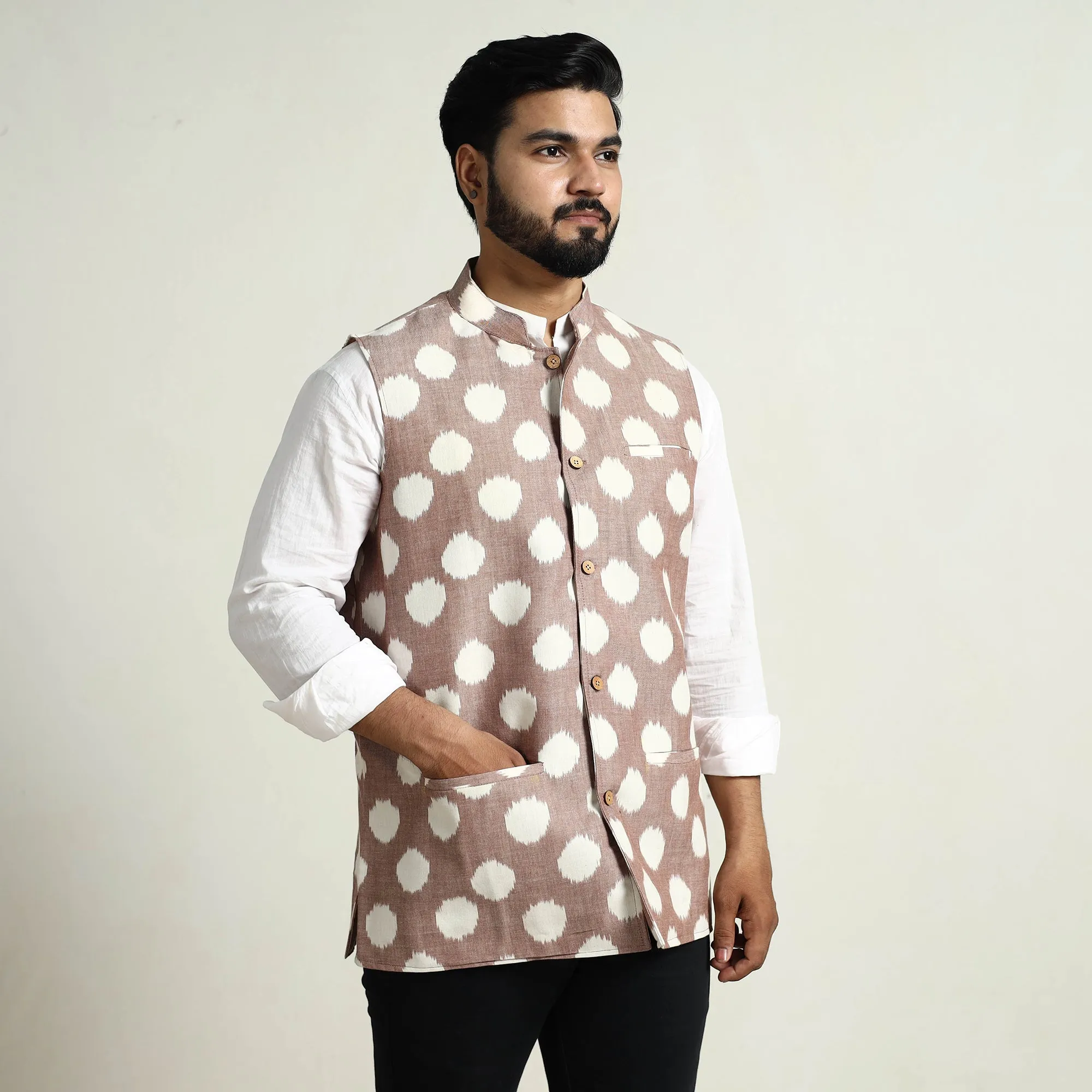 Brown - Pochampally Double Ikat Handloom Cotton Men Nehru Jacket 05