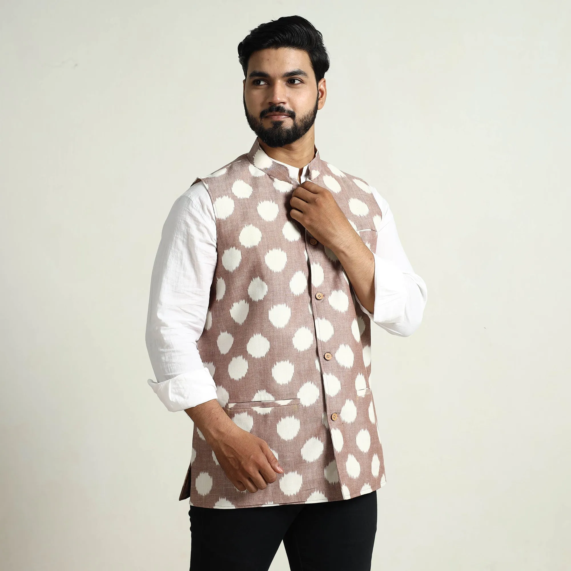 Brown - Pochampally Double Ikat Handloom Cotton Men Nehru Jacket 05