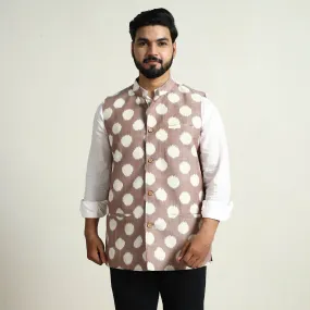 Brown - Pochampally Double Ikat Handloom Cotton Men Nehru Jacket 05