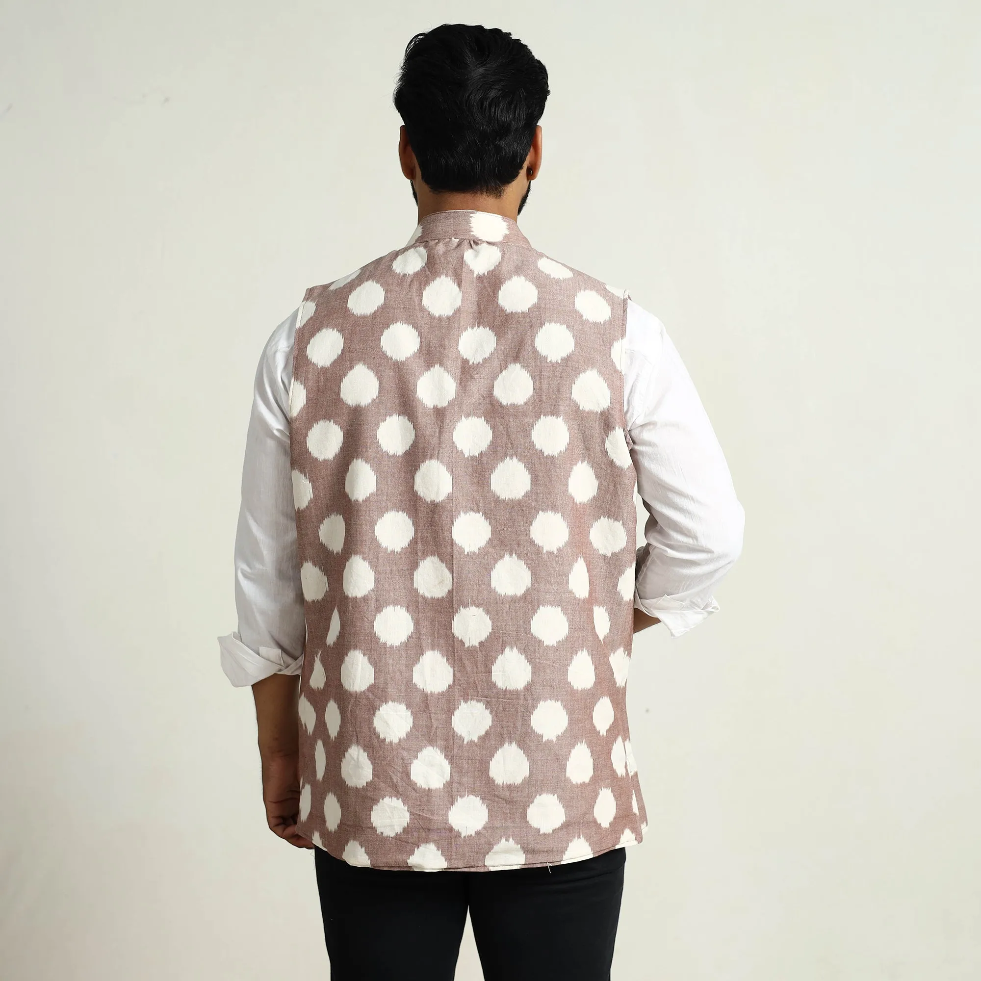 Brown - Pochampally Double Ikat Handloom Cotton Men Nehru Jacket 05