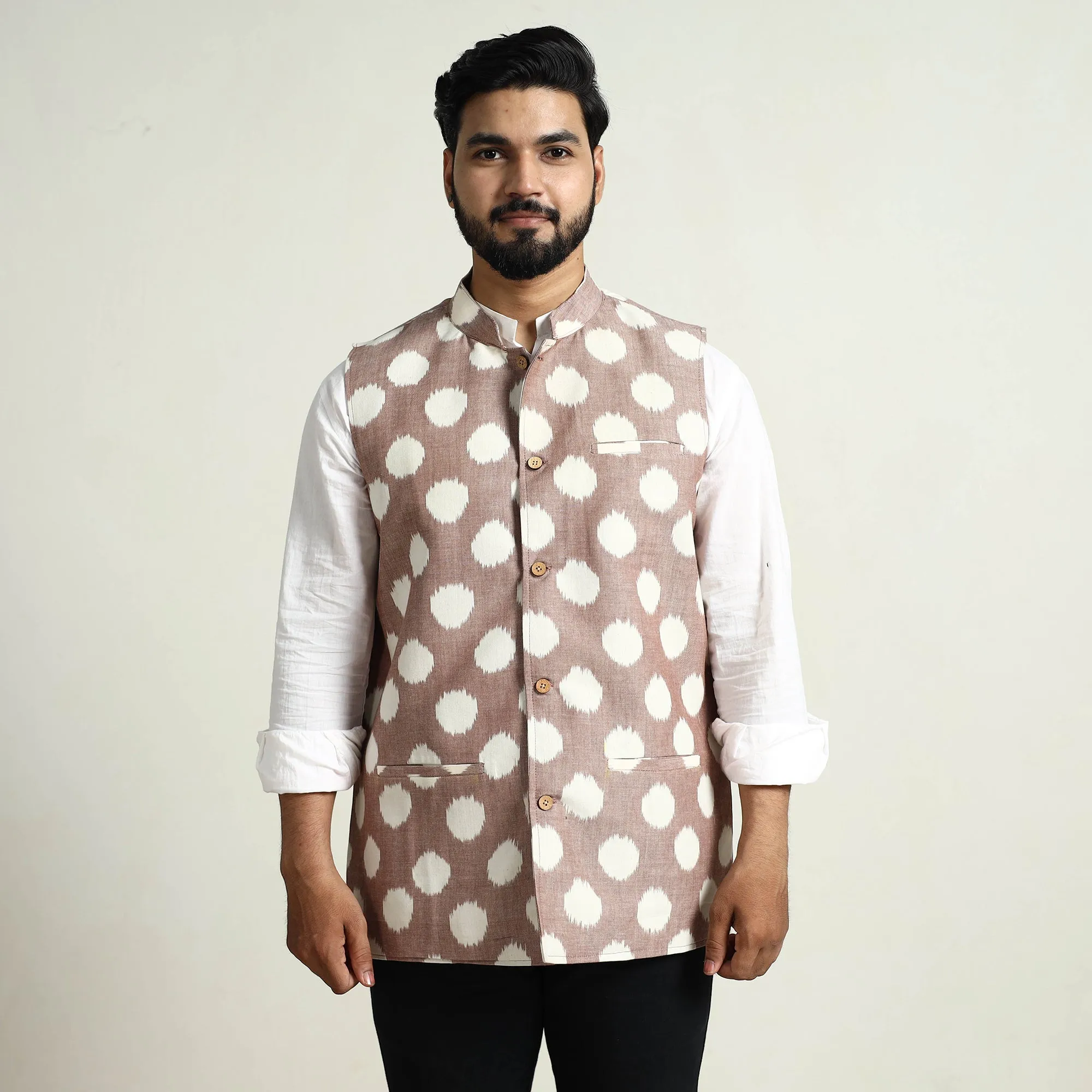 Brown - Pochampally Double Ikat Handloom Cotton Men Nehru Jacket 05