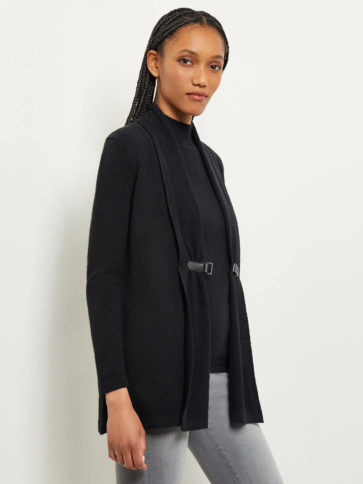 Buckle Detail Shawl Collar Cashmere Cardigan, Black