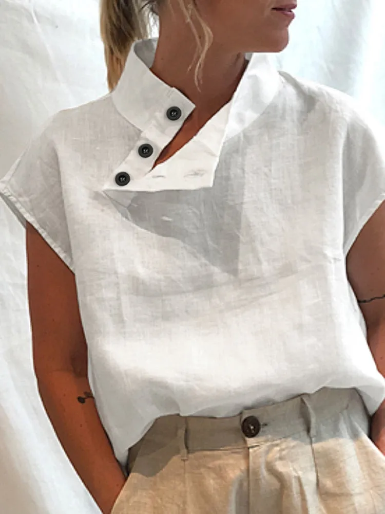 Celia - Short Sleeve Linen Top with Button Detail