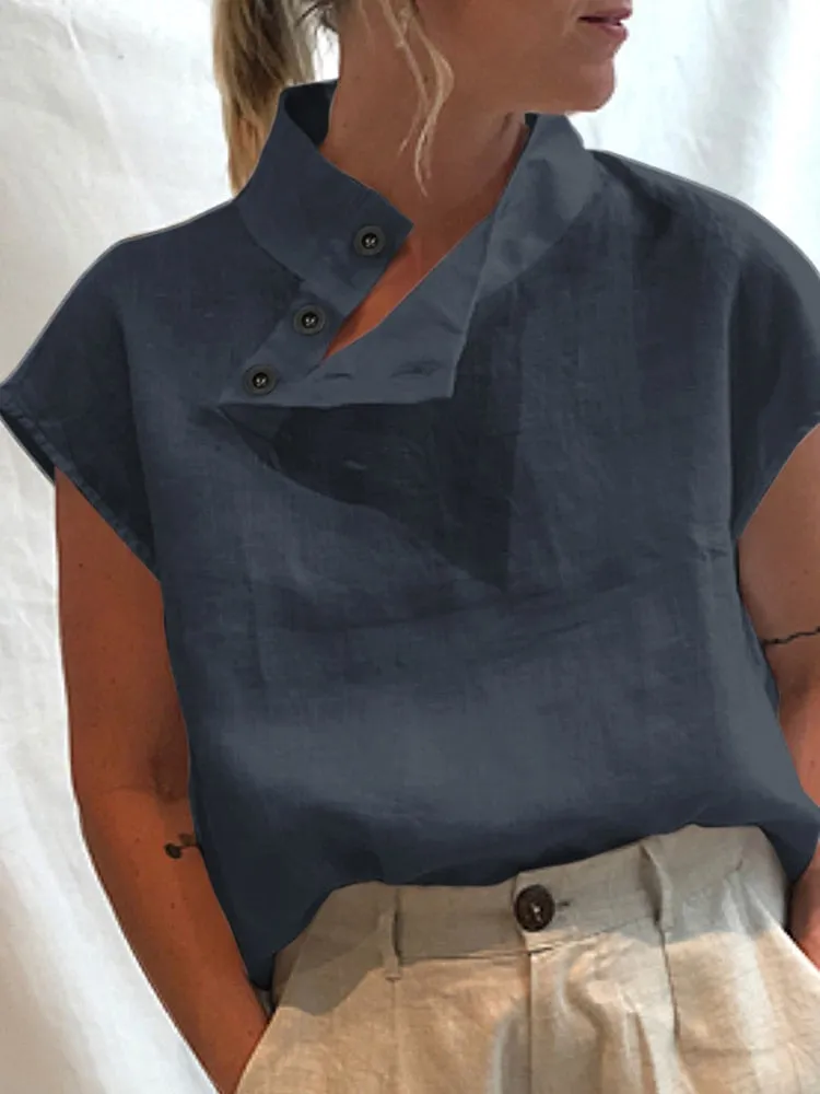 Celia - Short Sleeve Linen Top with Button Detail