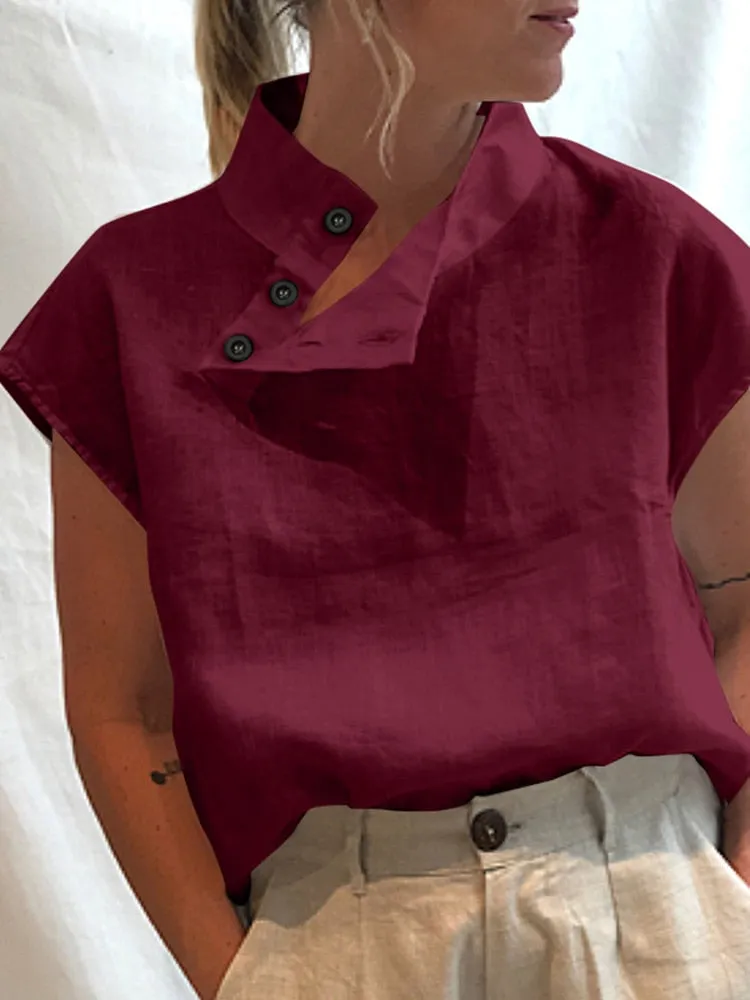 Celia - Short Sleeve Linen Top with Button Detail