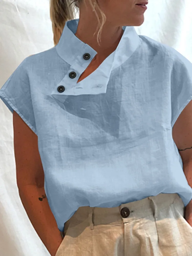 Celia - Short Sleeve Linen Top with Button Detail