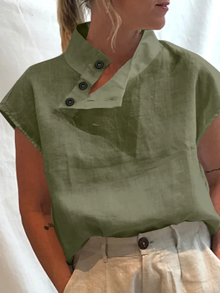 Celia - Short Sleeve Linen Top with Button Detail