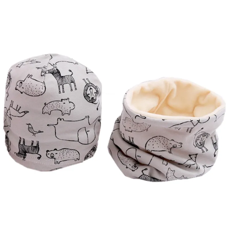 Children Autumn Velvet Neckerchief Cap Two-Piece Winter Plush Warm Beanies Scarves Set Cartoon Baby Cotton Collar Scarf Hats Set